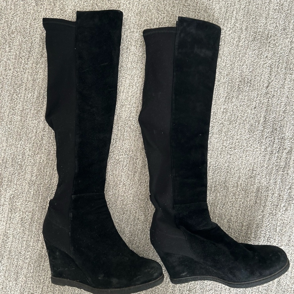 Black Wedge Knee-High Boots